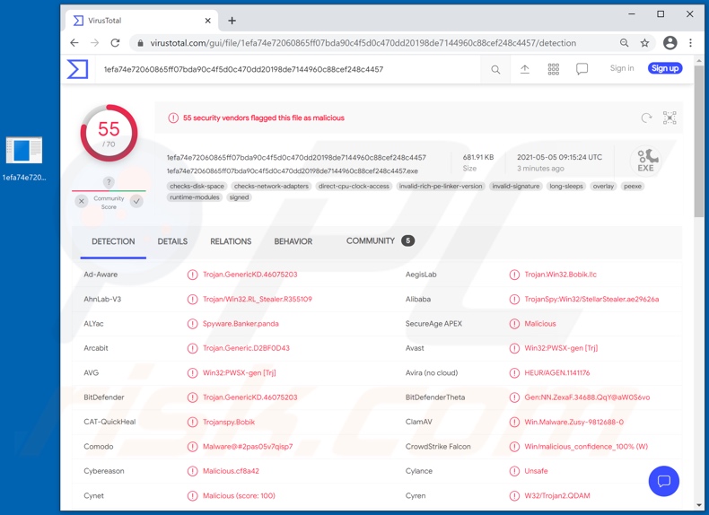 Wykrycia malware Panda na VirusTotal