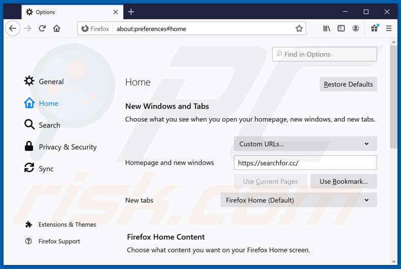 Usuwanie searchfor.cc ze strony domowej Mozilla Firefox