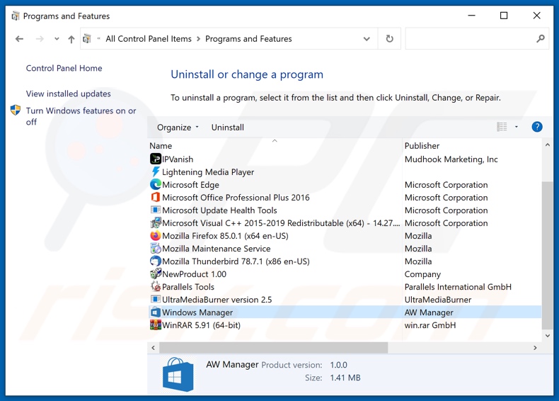 Odinstalowanie adware Windows Manager za pomocą Panelu sterowania