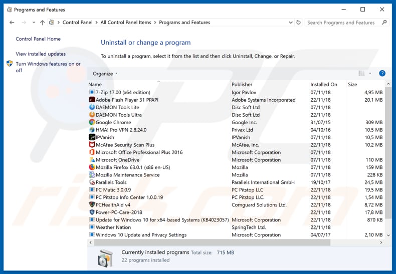 Odinstalowanie adware youractualfeed[.]com poprzez Panel sterowania