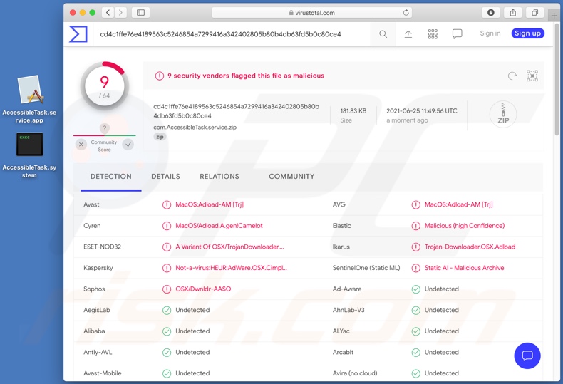 Wykrycia adware AccessibleTask na VirusTotal