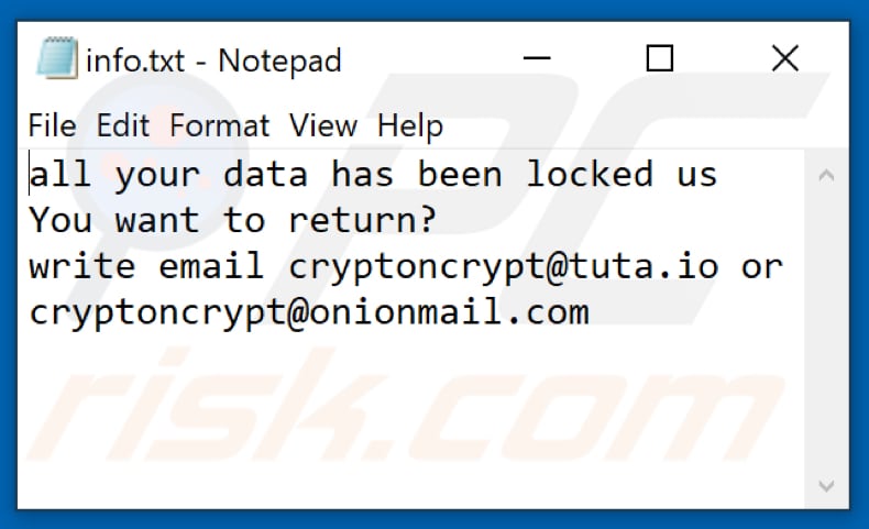 Plik tekstowy ransomware Cryptoncrypt (info.txt)