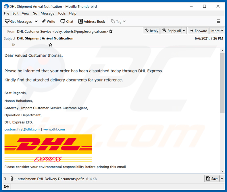 Wiadomość spamowa o tematyce DHL Express rozprzestrzeniająca Agent Tesla (2021-06-08) 