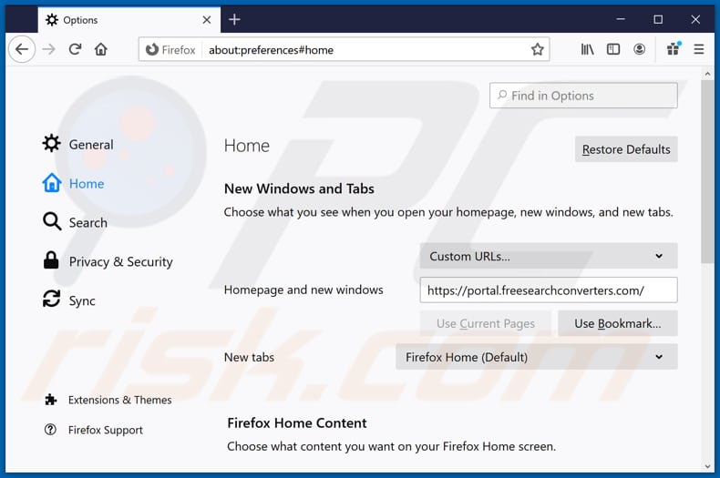 Usuwanie freesearchconverters.com ze strony domowej Mozilla Firefox