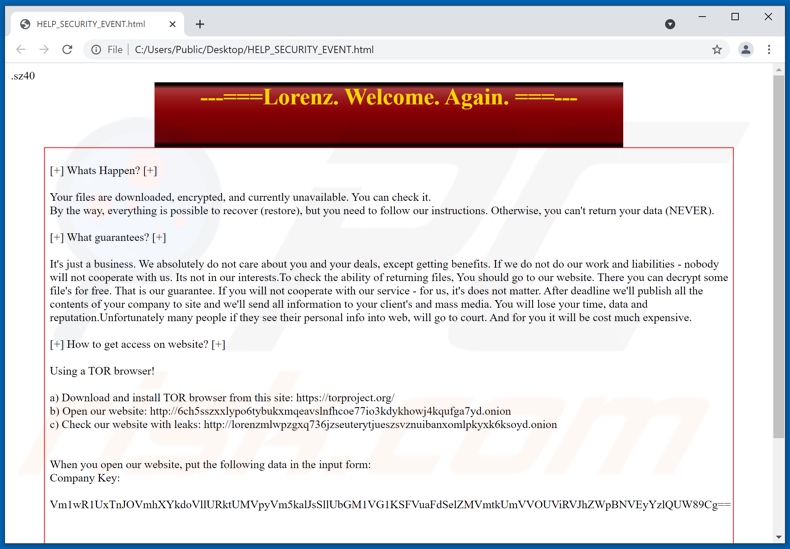 Wiadomość z żądaniem okupu ransomware Lorenz (HELP_SECURITY_EVENT.html)