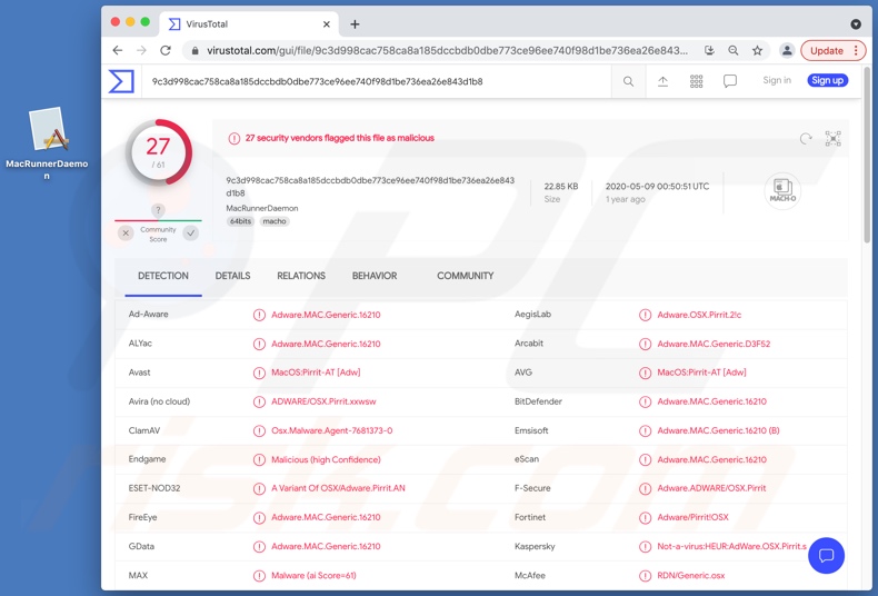 Wykrycia adware MacRunnerDaemon na VirusTotal