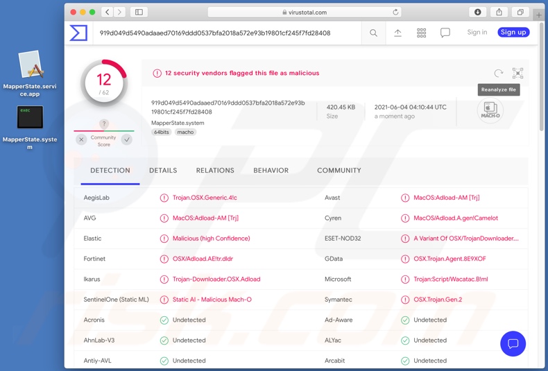 Wykrycia adware MapperState na VirusTotal