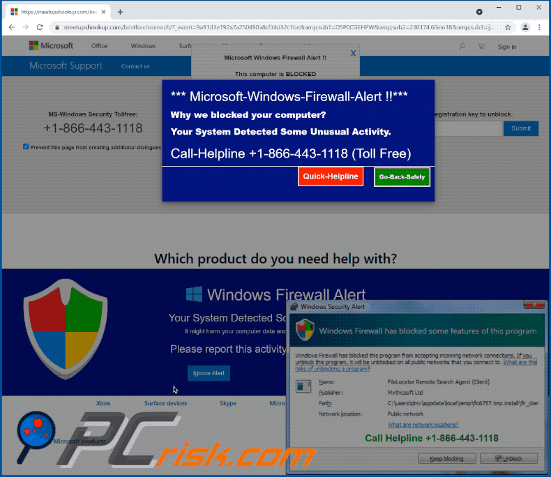 Wygląd oszustwa pop-up Microsoft Windows Firewall Alert (GIF)