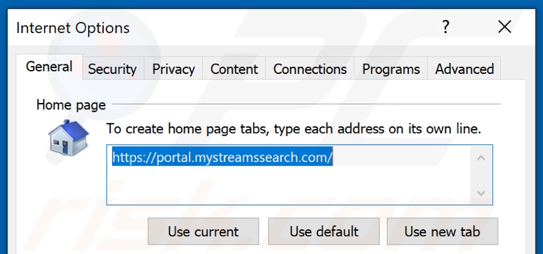 Usuwanie mystreamssearch.com ze strony domowej Internet Explorer