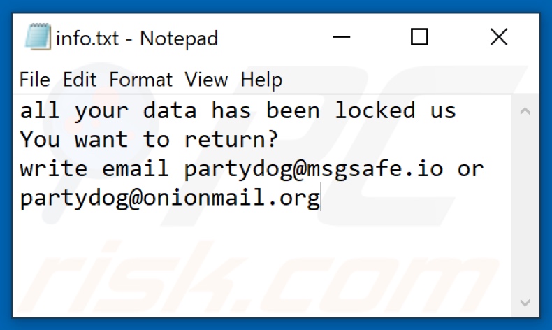 Plik tekstowy ransomware PARTYDOG (info.txt)