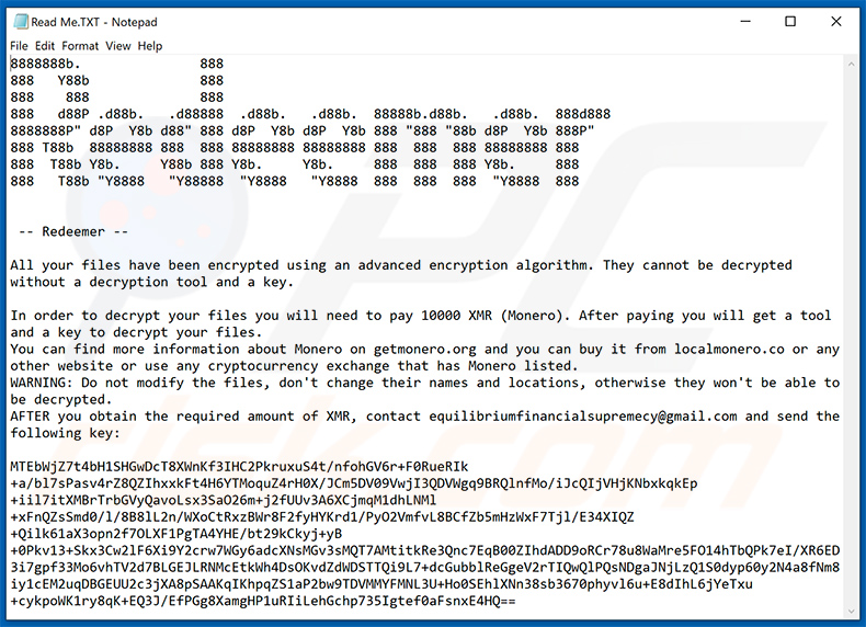 Wiadomość z żądaniem okupu ransomware Redeemer (Read Me.TXT)
