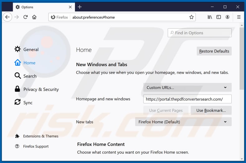 Usuwanie thepdfconvertersearch.com ze strony domowej Mozilla Firefox