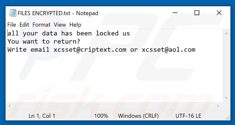Plik tekstowy ransomware Xcss (FILES ENCRYPTED.txt)