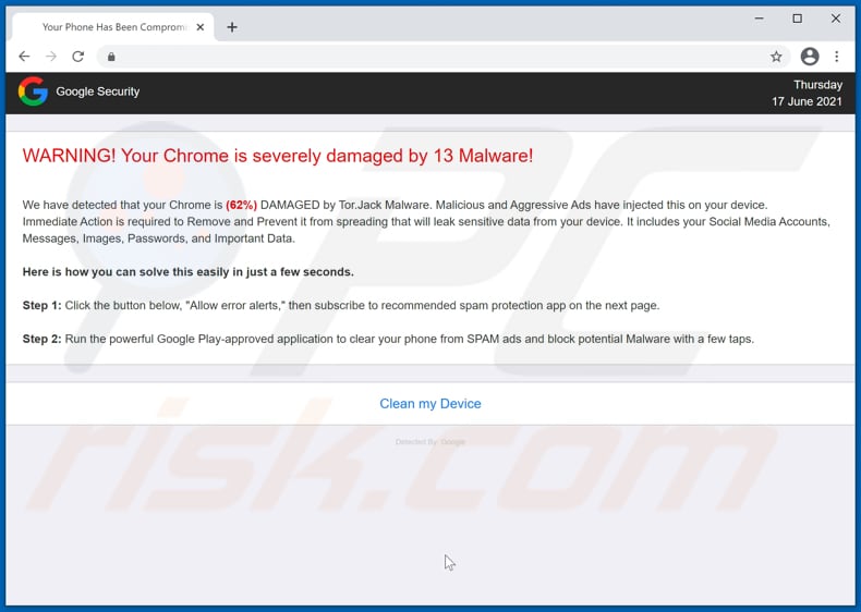 Oszustwo Your Chrome is severely damaged by 13 Malware!
