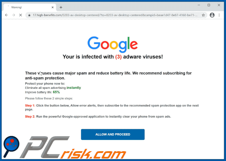Wygląd oszustwa Your device is infected with a spam virus