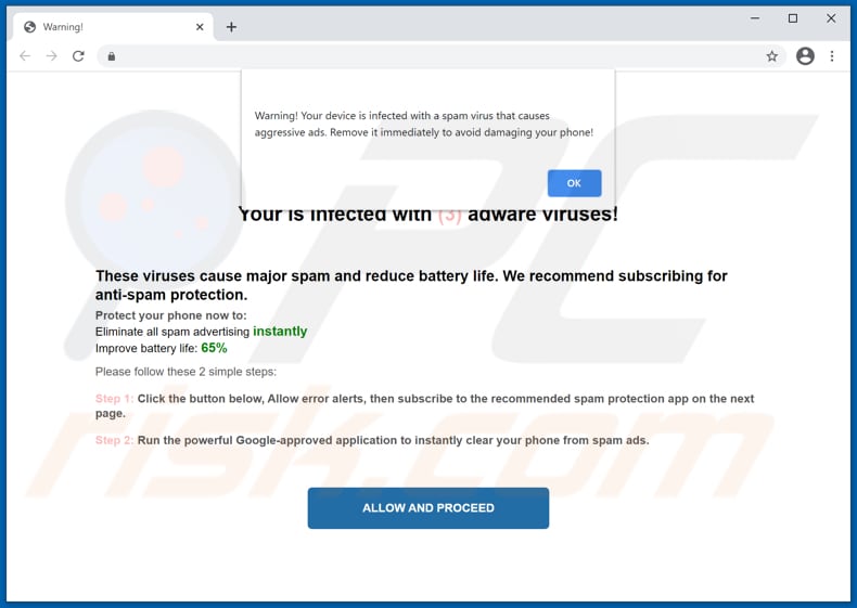 Oszustwo Your device is infected with a spam virus