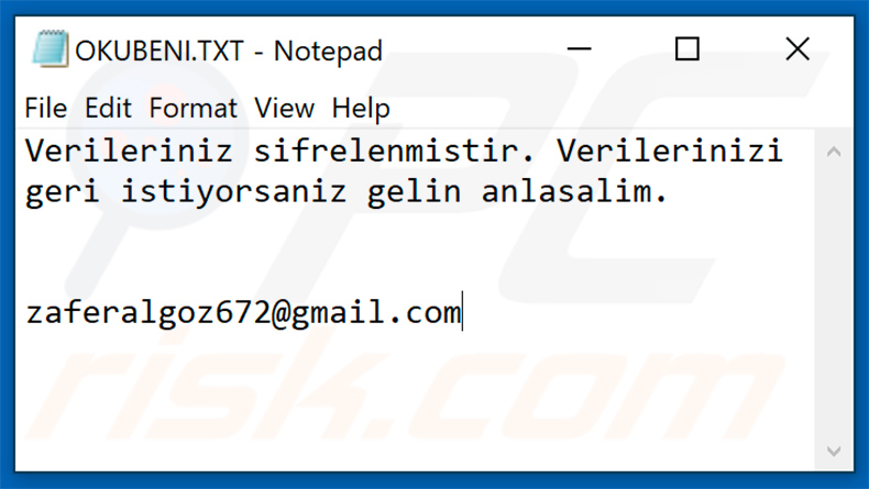 Turecka notatka z żądaniem okupu ransomware Zeppelin (OKUBENI.TXT)