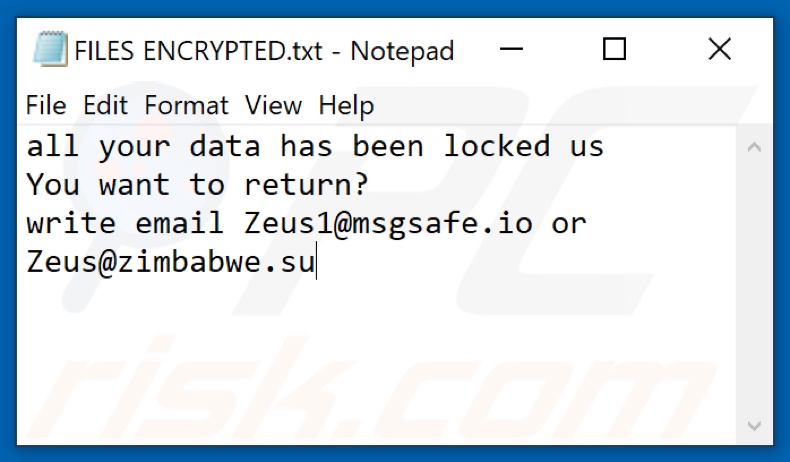 Plik tekstowy ransomware ZEUS (FILES ENCRYPTED.txt)
