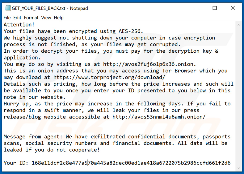 Instrukcje odszyfrowania AvosLocker (GET_YOUR_FILES_BACK.txt)