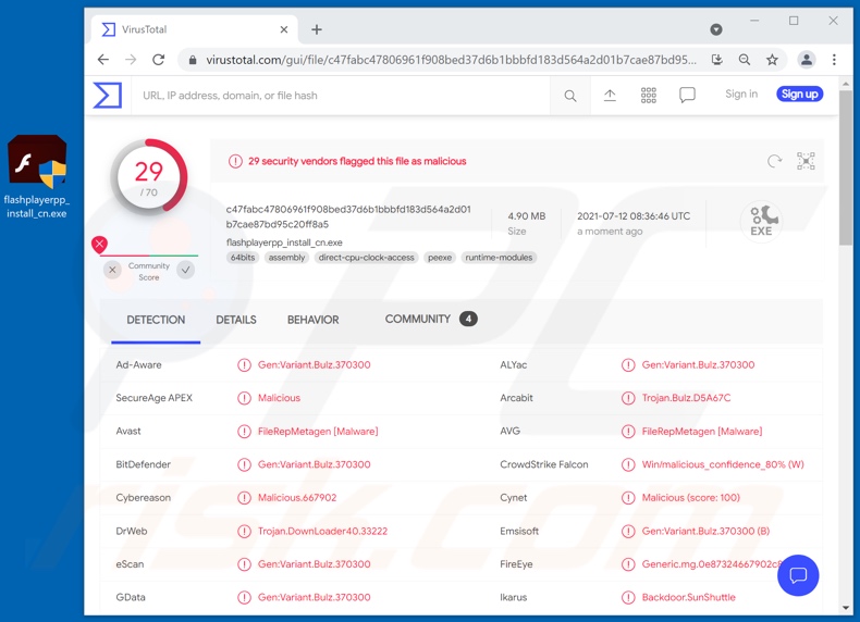 Wykrycia malware BIOPASS na VirusTotal