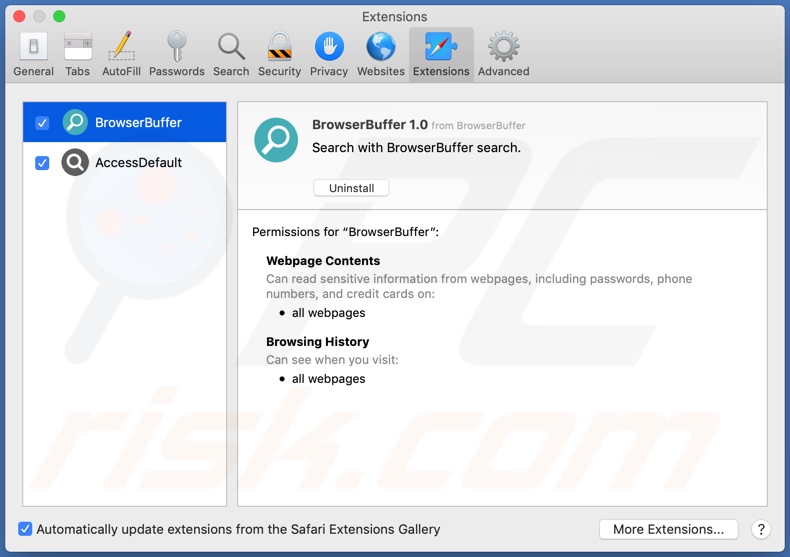 Adware BrowserBuffer zainstalowane na Safari