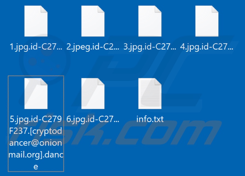 Pliki zaszyfrowane przez ransomware Dance (rozszerzenie .dance)