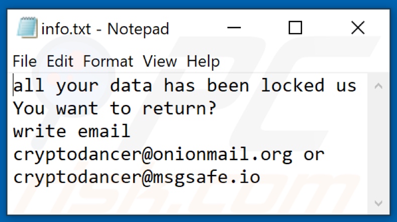 Plik tekstowy ransomware Dance (info.txt)