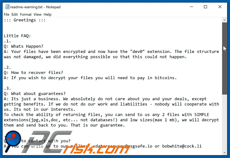 Wygląd notatki GIF z żądaniem okupu ransomware Dev0 (readme-warning.txt)