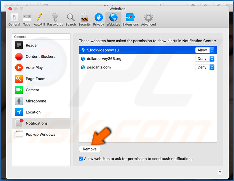Wyłączenie powiadomień przeglądarki w przeglądarce Safari krok (Mac)