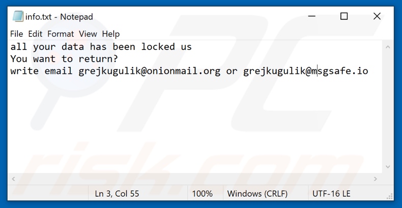 Plik tekstowy ransomware Grej (info.txt)