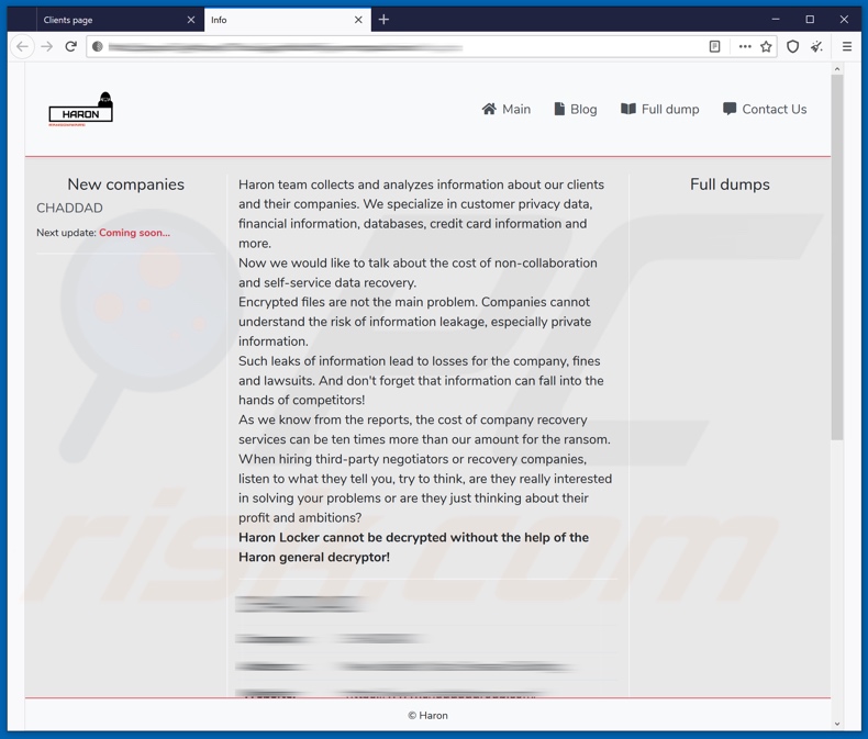 Blog wyciekający dane ransomware Haron