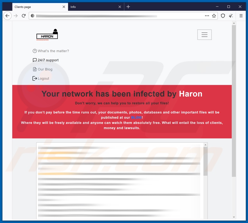 Witryna wyświetlana przez ransomware Haron po zalogowaniu się