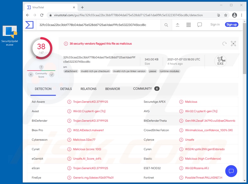 Wykrycia załącznika wirusa e-mailowego Kaseya (SecurityUpdates.exe - nazwa pliku)