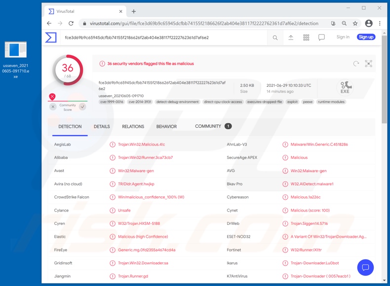 Wykrycia malware Lu0bot na VirusTotal