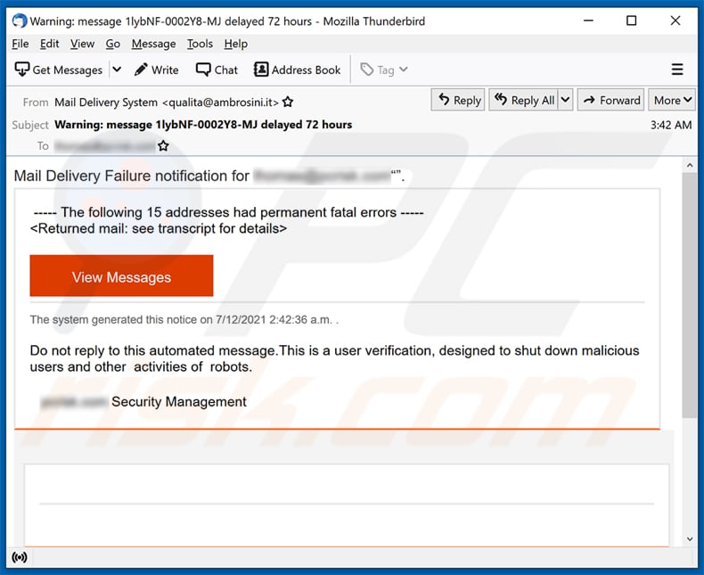Oszukańczy e-mail kampanii spamowej Mail Delivery Failure