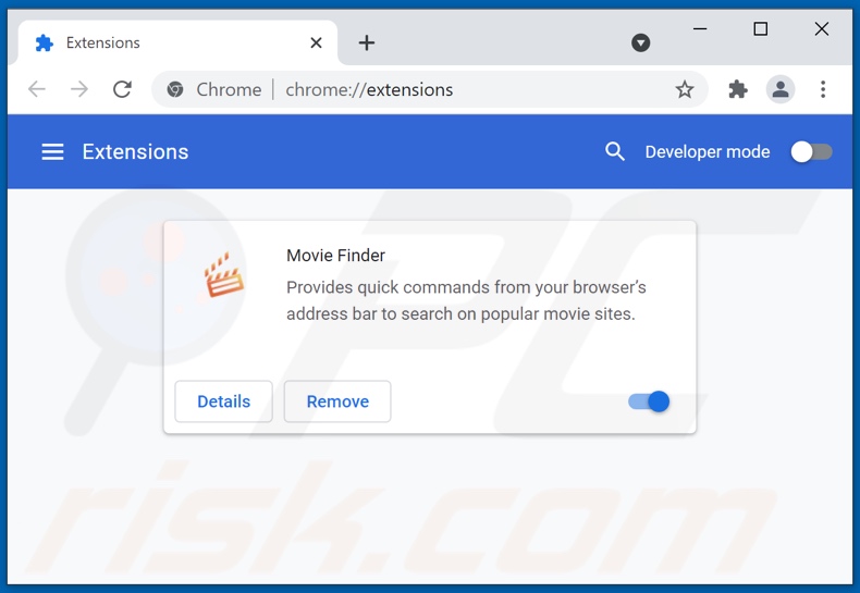 Usuwanie rozszerzeń przeglądarki powiązanych z moviefindersearch.com z Google Chrome