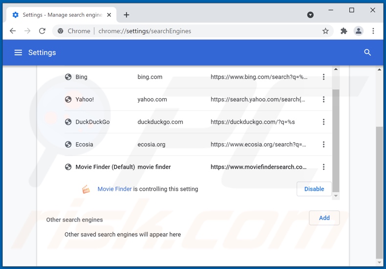 Usuwanie moviefindersearch.com z domyślnej wyszukiwarki Google Chrome