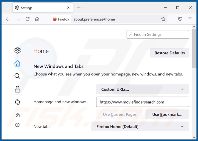 Usuwanie moviefindersearch.com ze strony domowej Mozilla Firefox