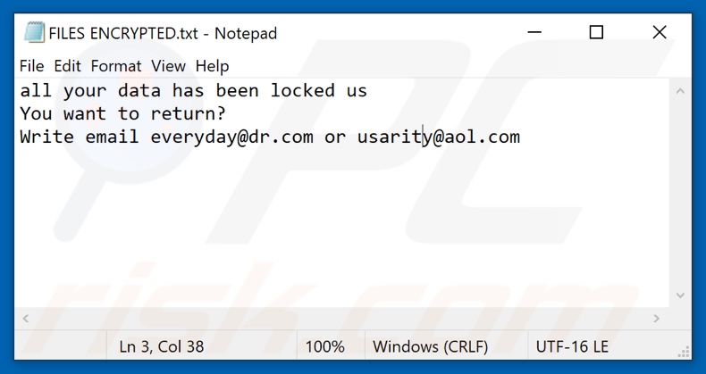 Plik tekstowy ransomware Myday (FILES ENCRYPTED.txt)