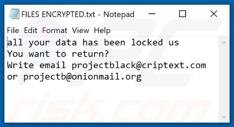 Plik tekstowy ransomware PB (FILES ENCRYPTED.txt)