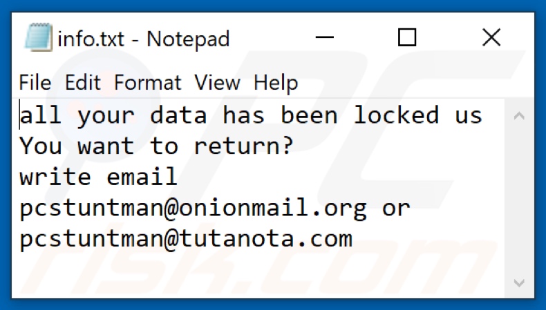 Plik tekstowy ransomware PcS (info.txt)