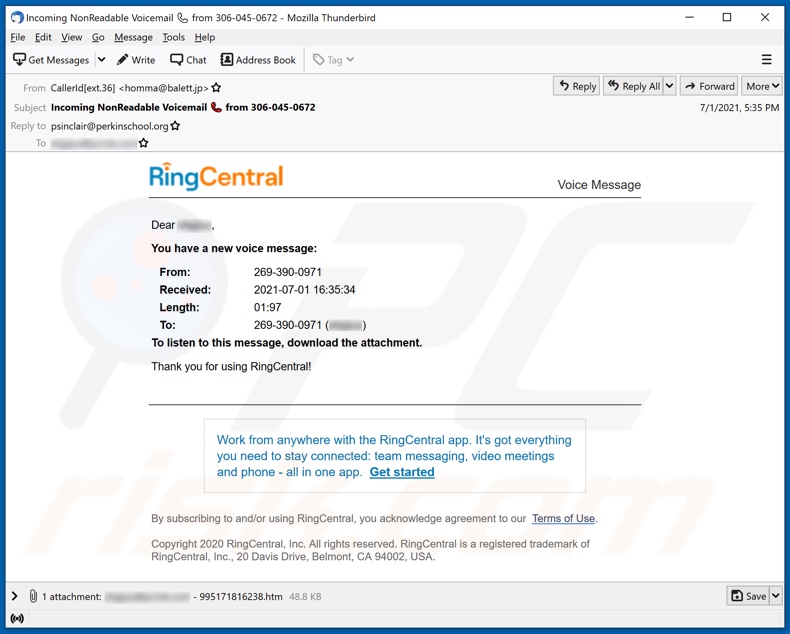 E-mailowa kampania spamowa RingCentral