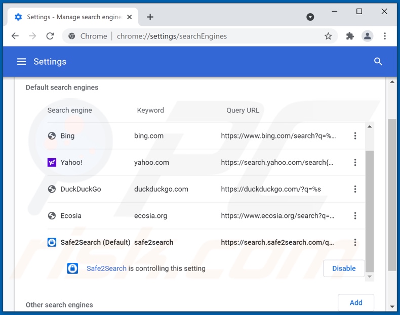 Usuwanie search.safe2search.com z domyślnej wyszukiwarki Google Chrome