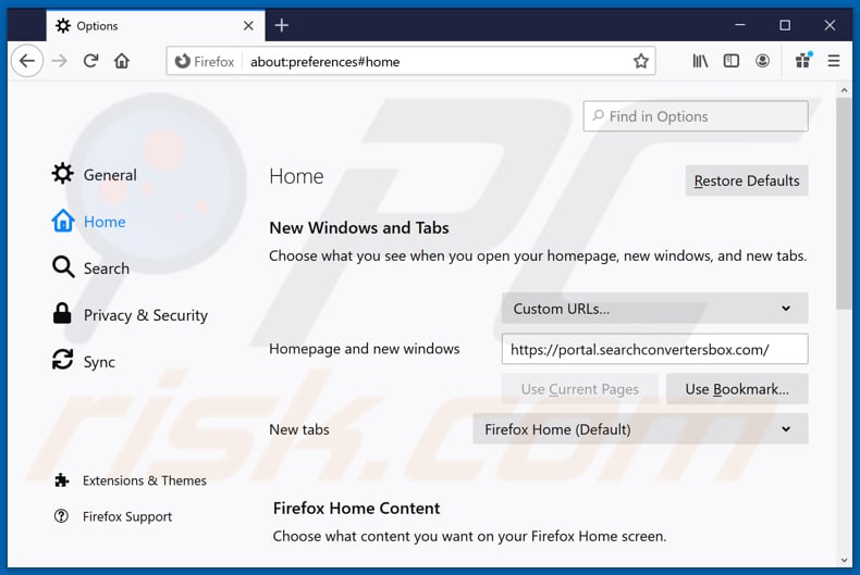 Usuwanie searchconvertersbox.com ze strony domowej Mozilla Firefox