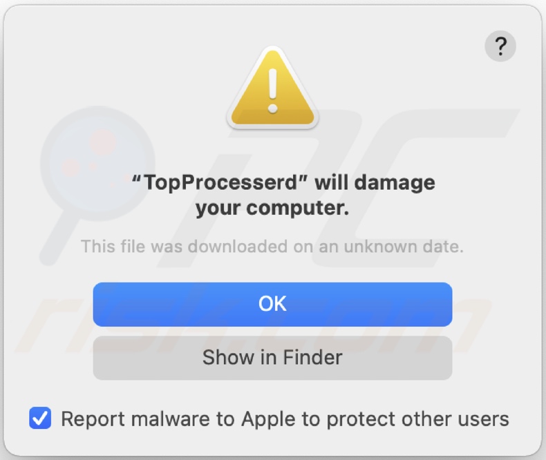Pop-up powiadamiający, że adware TopProcesser jest obecne w systemie