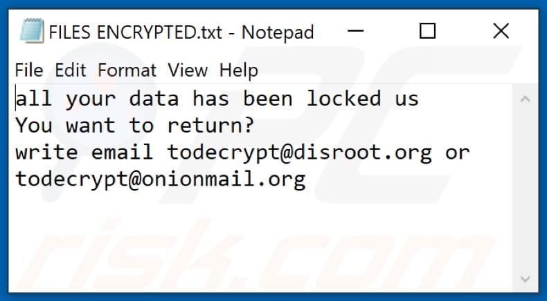 Plik tekstowy ransomware TOR (FILES ENCRYPTED.txt)