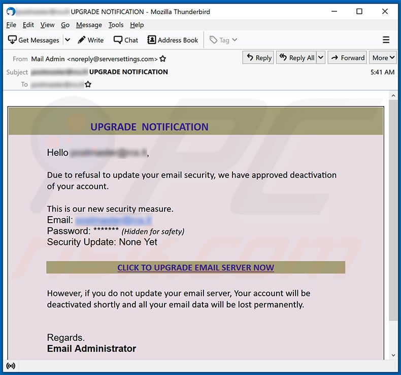 E-mail spamowy Upgrade Email promujący stronę phishingową