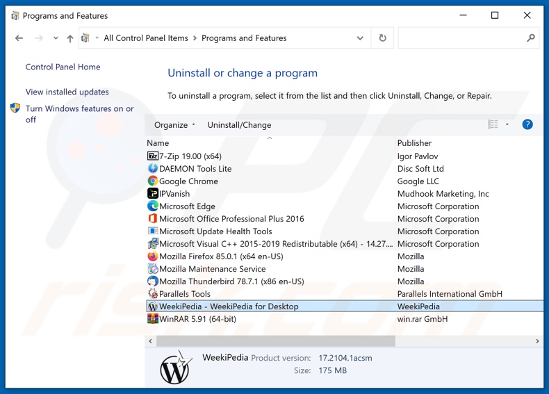 Odinstalowanie adware WeekiPedia za pomocą Panelu sterowania