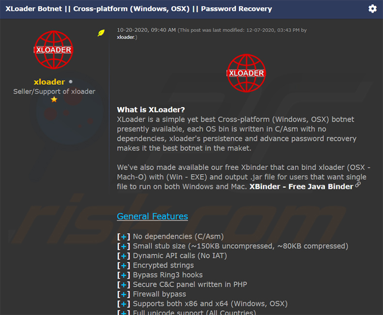Cyberprzestępcy sprzedający XLoader na forum hakerskim