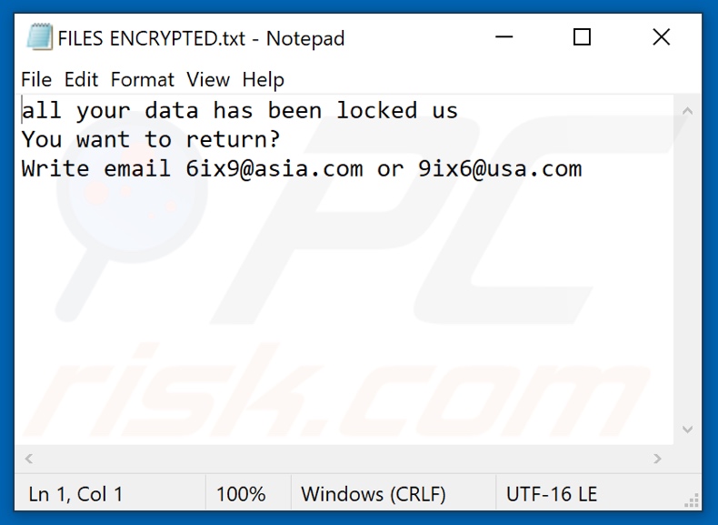 Plik tekstowy ransomware 6ix9 (FILES ENCRYPTED.txt)